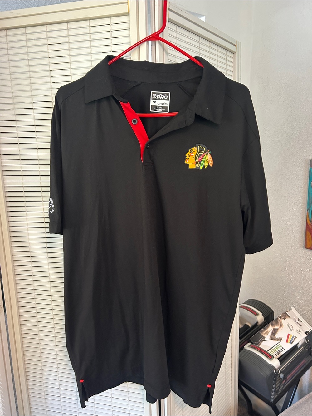 Fanatics Black Polo with Red Accent and Chicago Blackhawks Logo